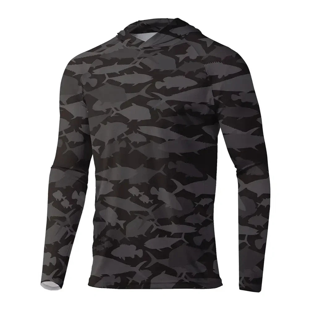 Maglia da pesca con cappuccio — Mimetico pesci nero